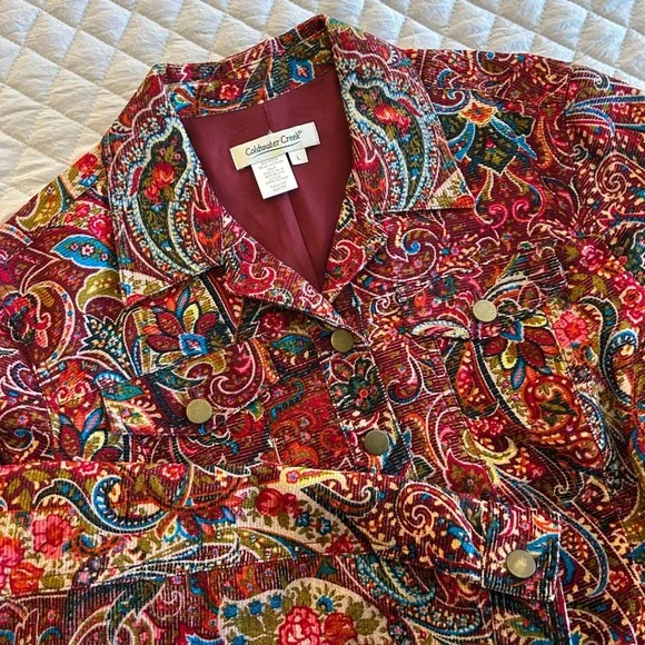 Coldwater Creek Paisley Print Corduroy Blazer Jacket Burgundy Blue Multi Size L - Picture 3 of 9